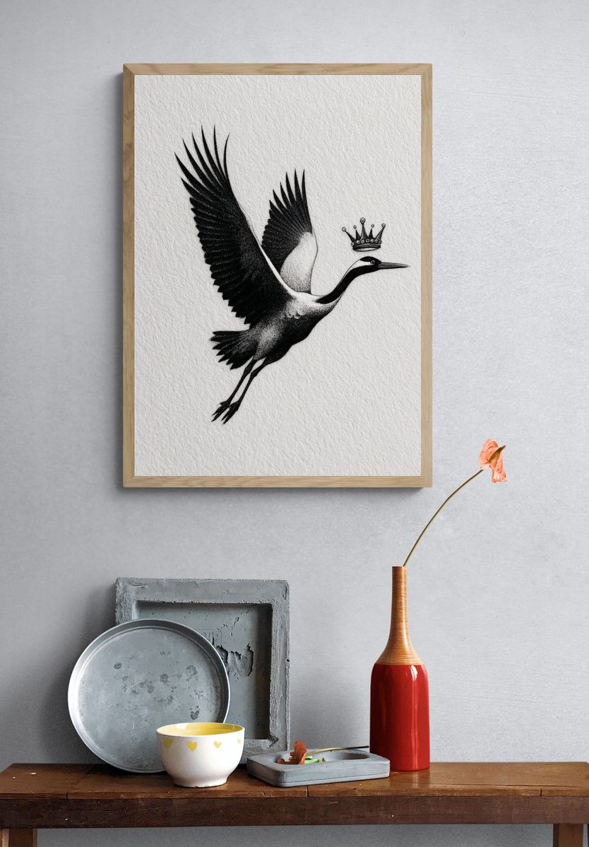 Crowned Crane Ink Poster. — room view 3