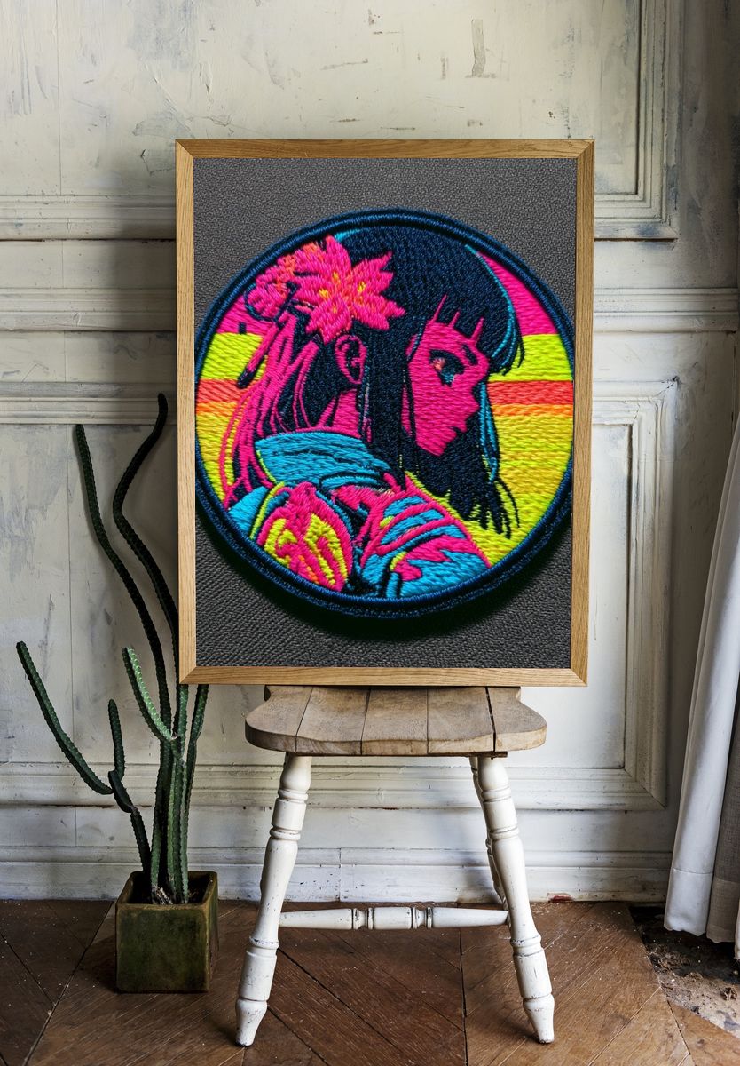 Neon Anime Girl Embroidery Print. — room view 1