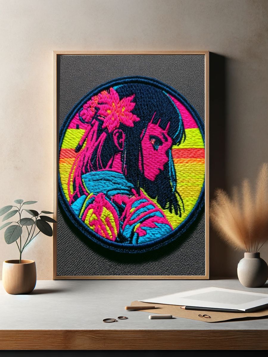 Neon Anime Girl Embroidery Print. — room view 2