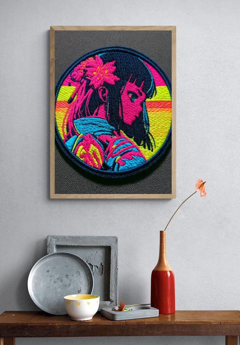 Neon Anime Girl Embroidery Print. — room view 3