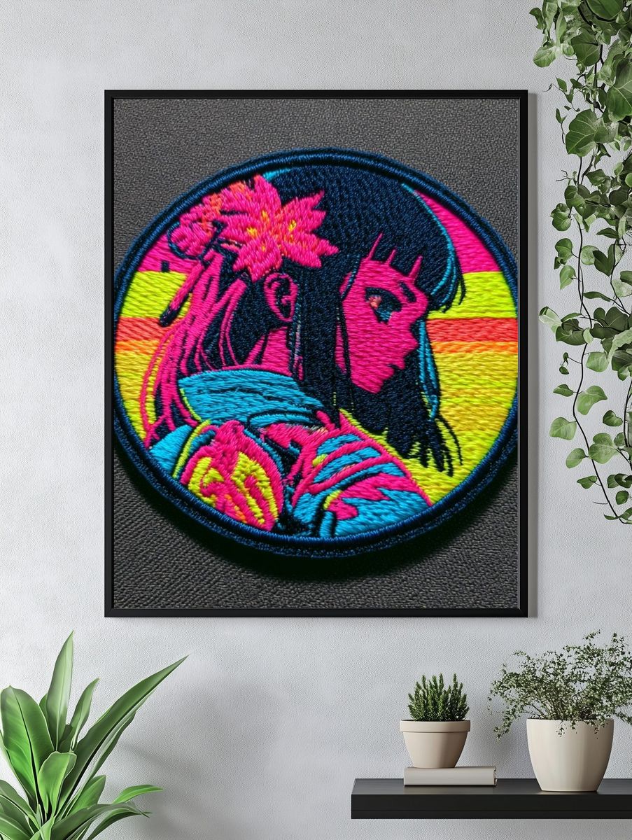 Neon Anime Girl Embroidery Print. — room view 4