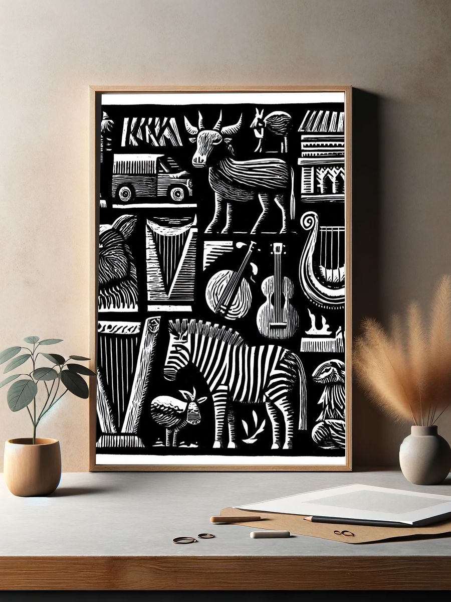 African Animal Instruments Print. — room view 2