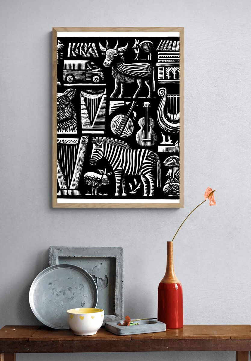 African Animal Instruments Print. — room view 3