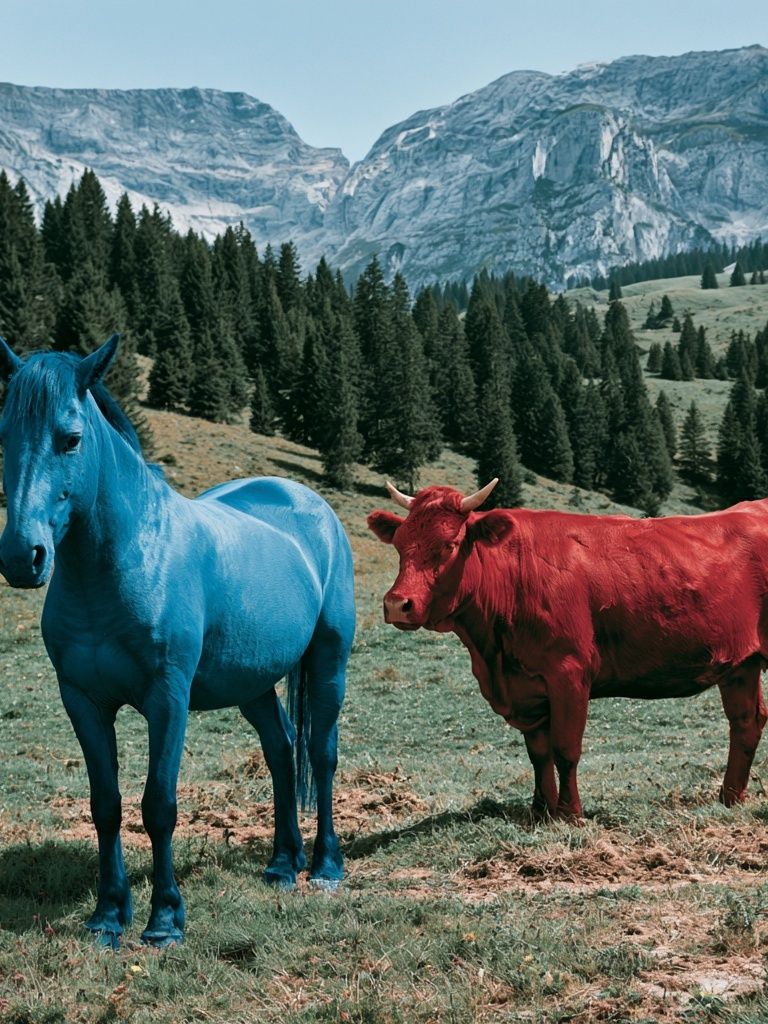 Colorful Horses in Alpine Meadow Poster. poster detail