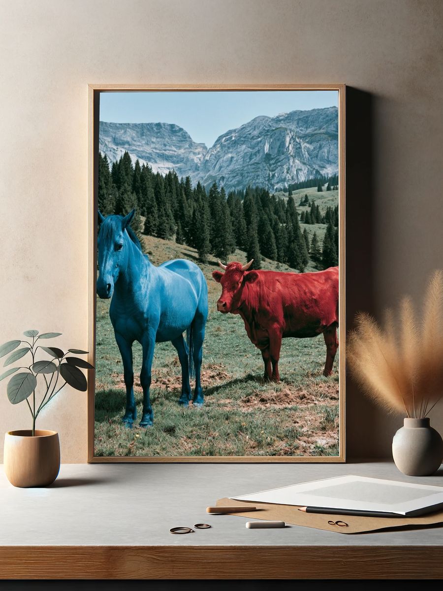 Colorful Horses in Alpine Meadow Poster. — room view 2