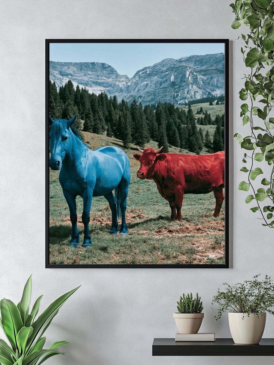 Colorful Horses in Alpine Meadow Poster. — room view 4