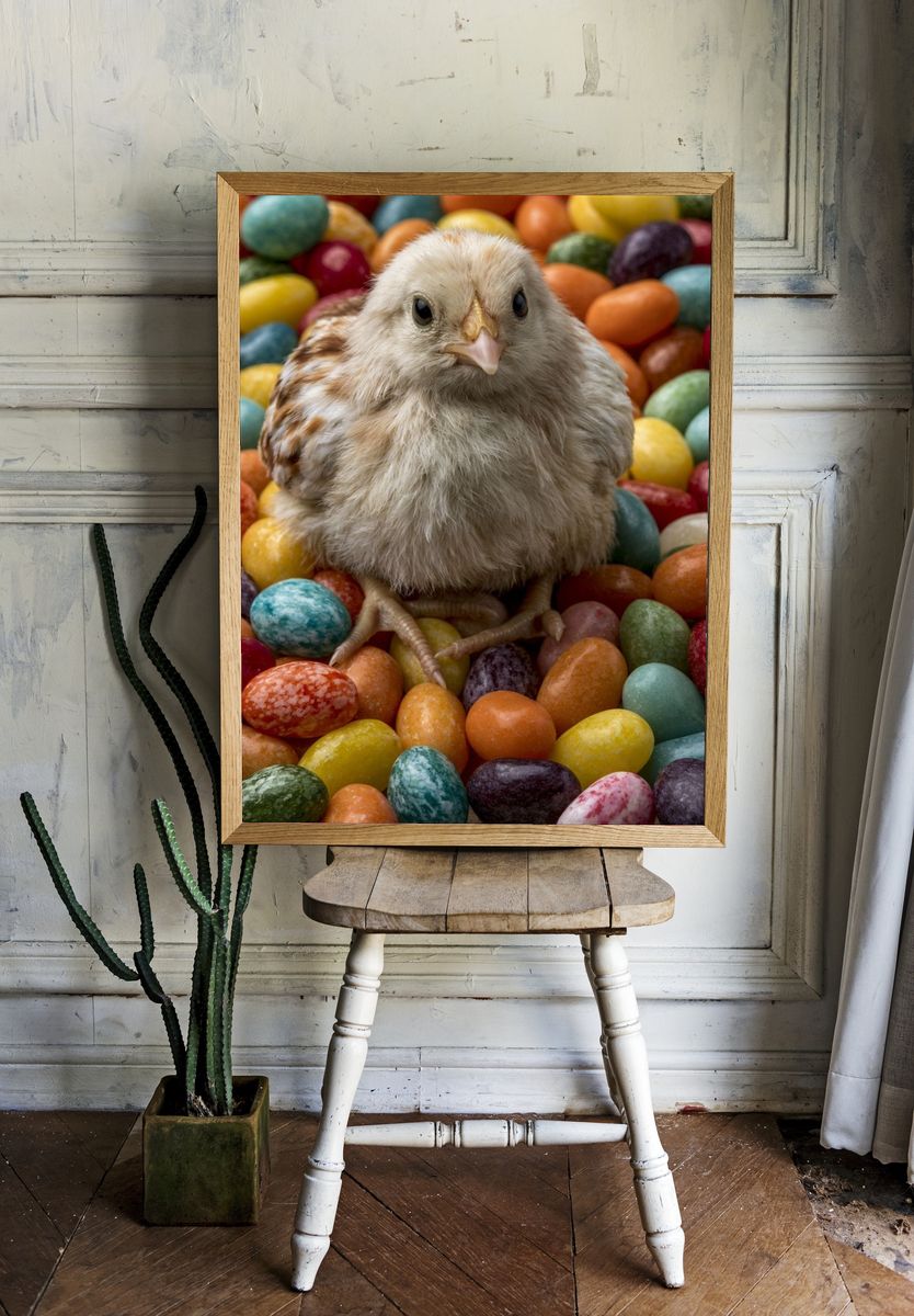 Chick Among Colorful Eggs Poster. room preview