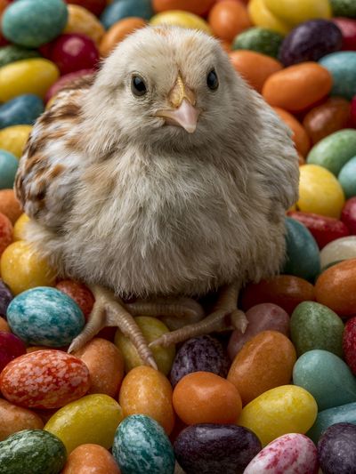 Chick Among Colorful Eggs Poster.