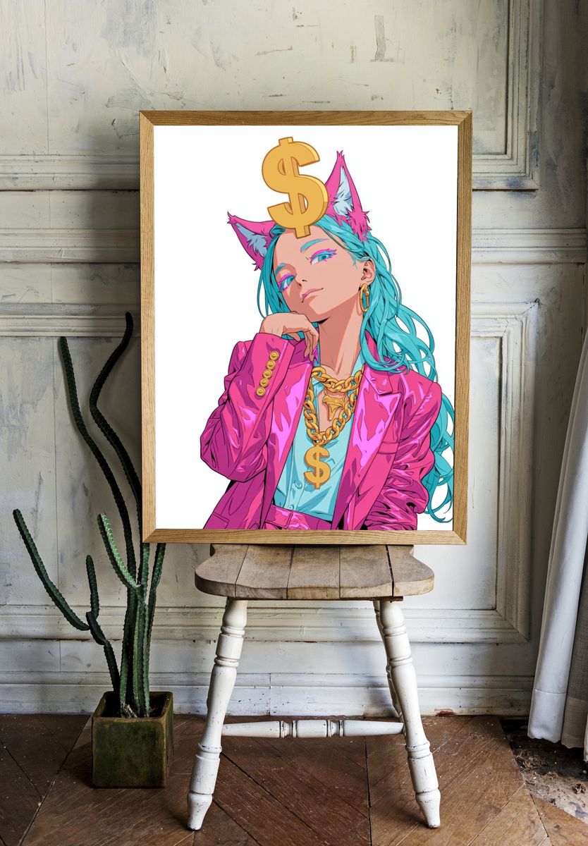 Neon Catgirl Cash Digital Art Poster. — room view 1
