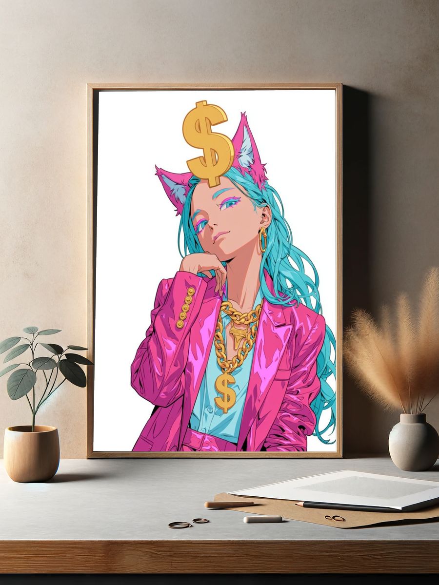 Neon Catgirl Cash Digital Art Poster. — room view 2