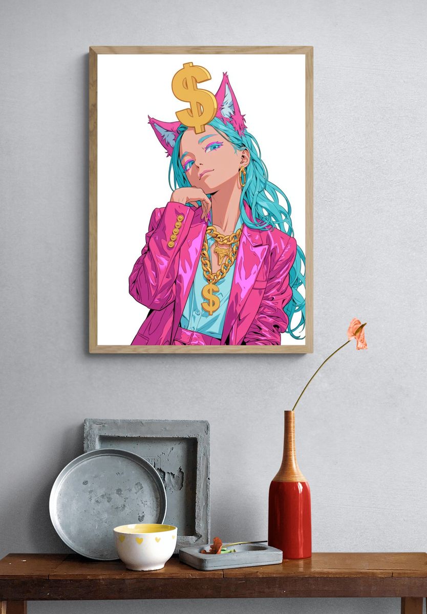 Neon Catgirl Cash Digital Art Poster. — room view 3
