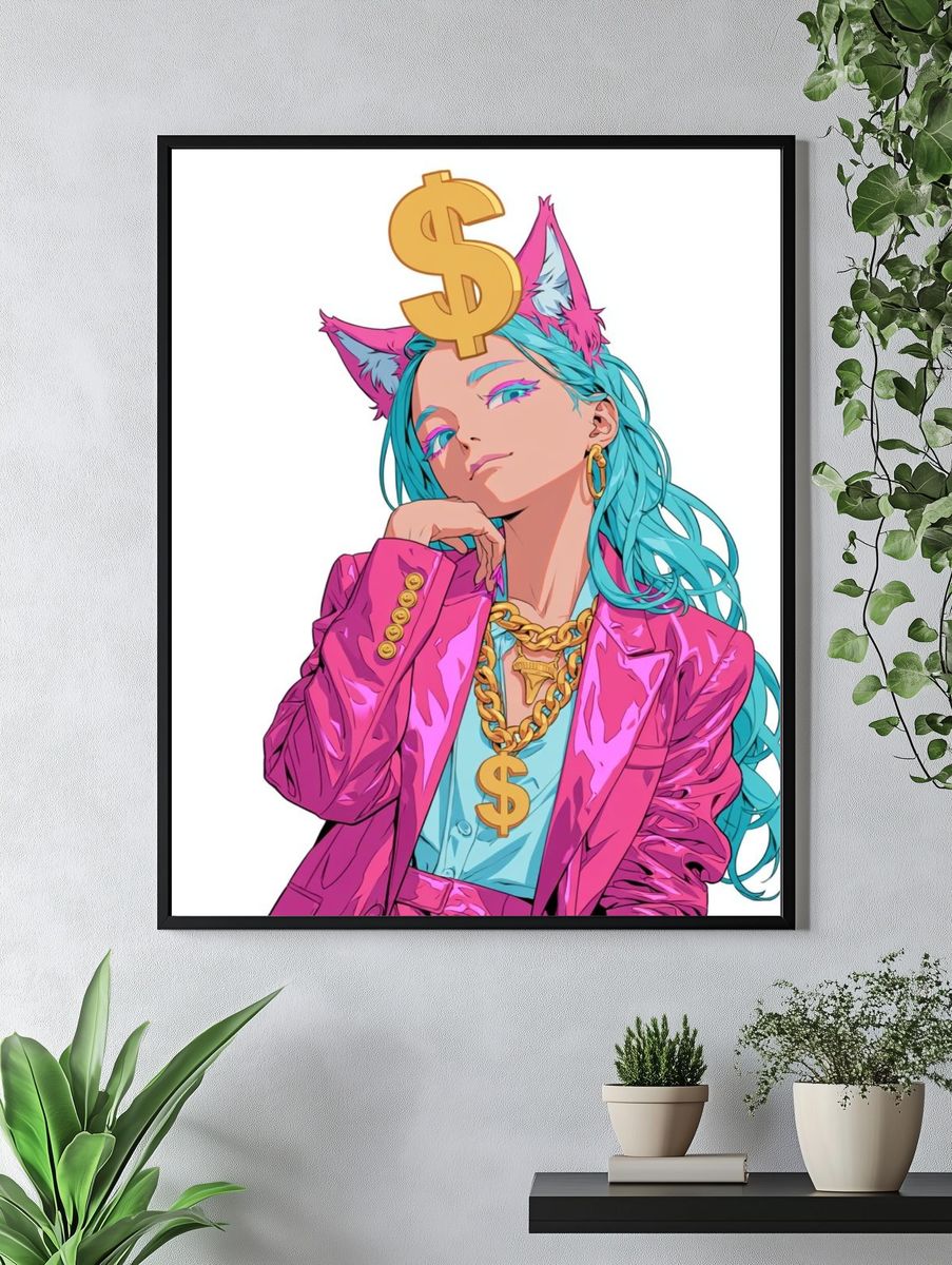 Neon Catgirl Cash Digital Art Poster. — room view 4