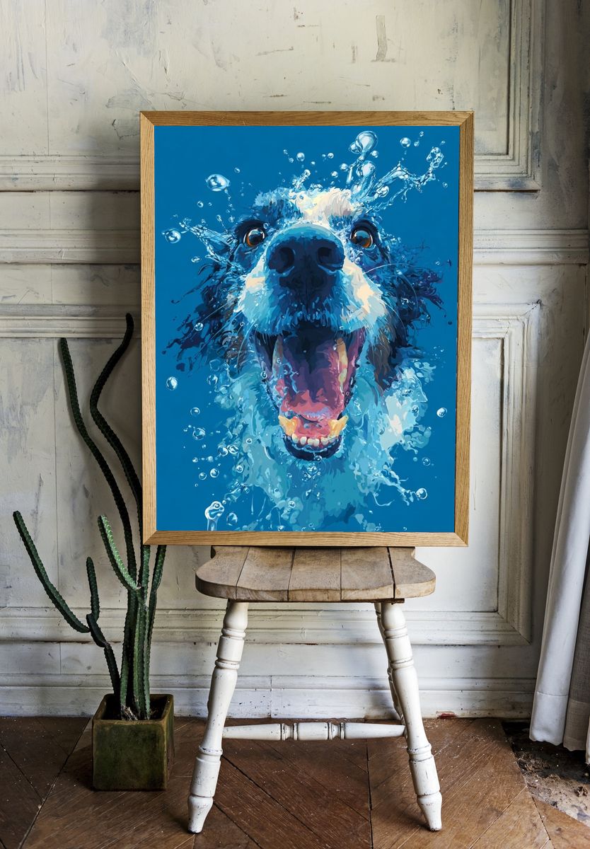 Splashing Dog Portrait Print. — room view 1