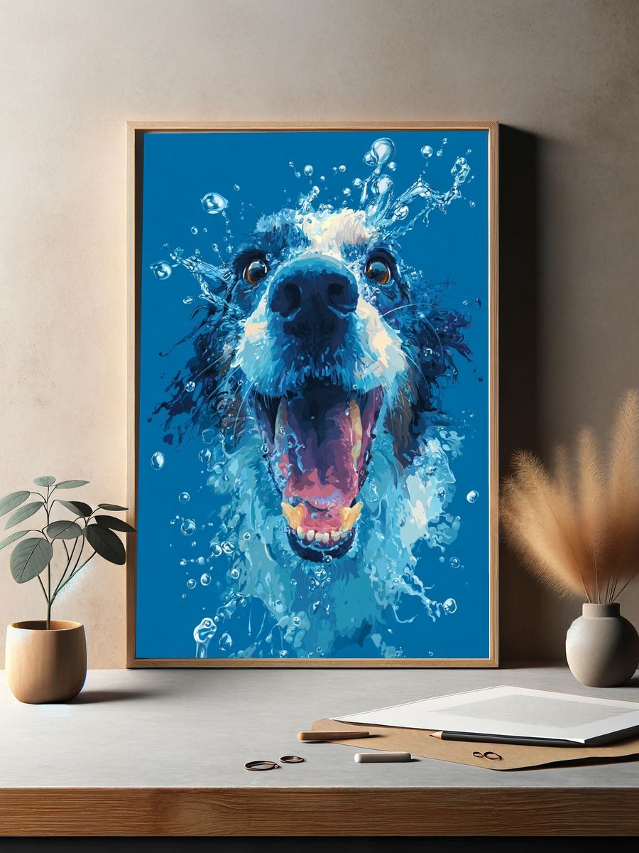 Splashing Dog Portrait Print. — room view 2