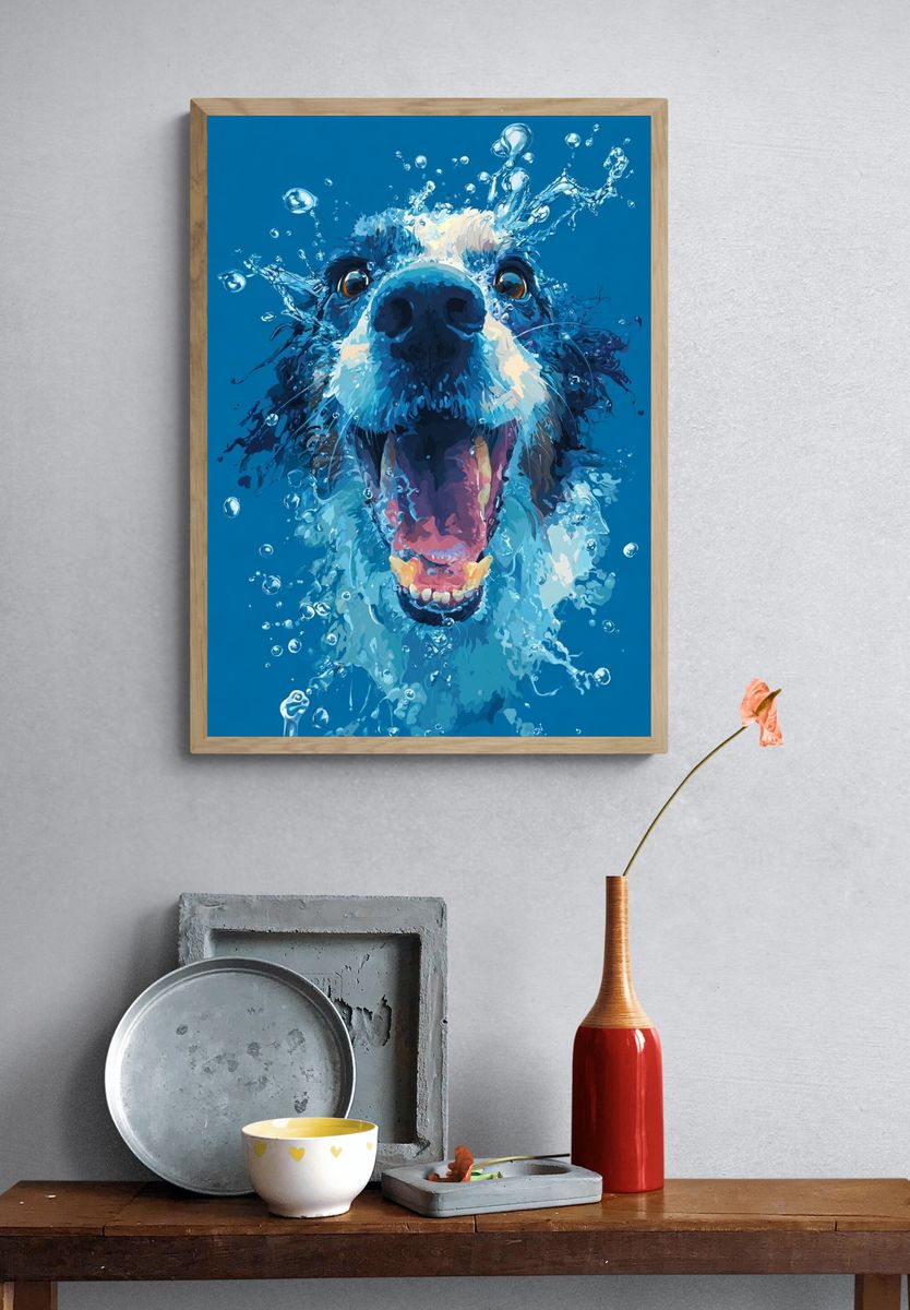Splashing Dog Portrait Print. — room view 3