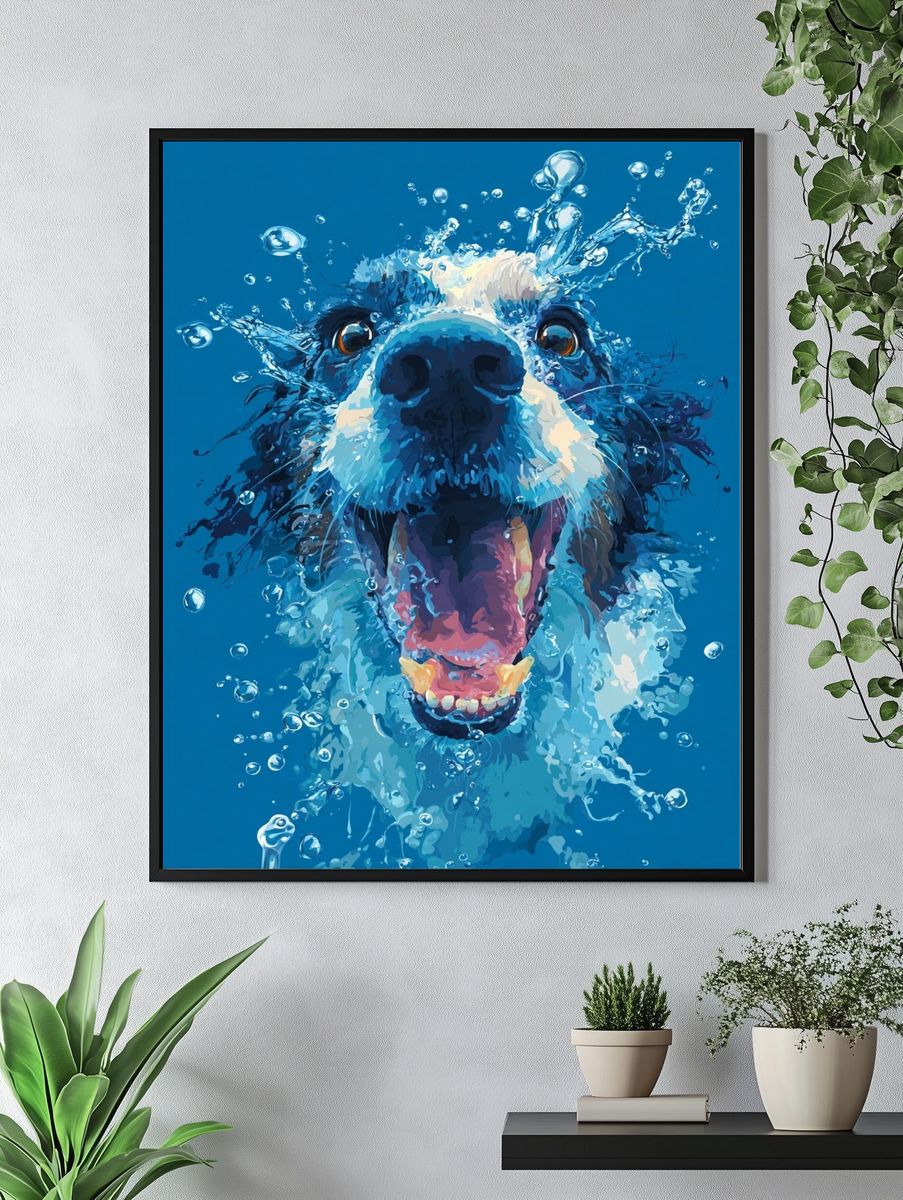 Splashing Dog Portrait Print. — room view 4