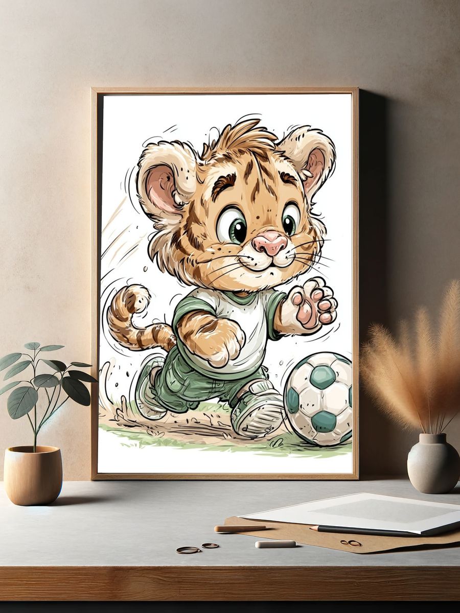 Playful Lion Cub Soccer Poster. — room view 2