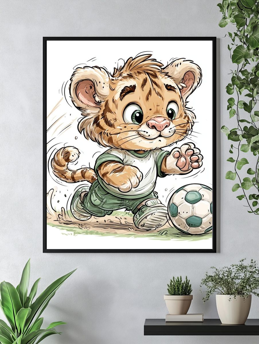 Playful Lion Cub Soccer Poster. — room view 4