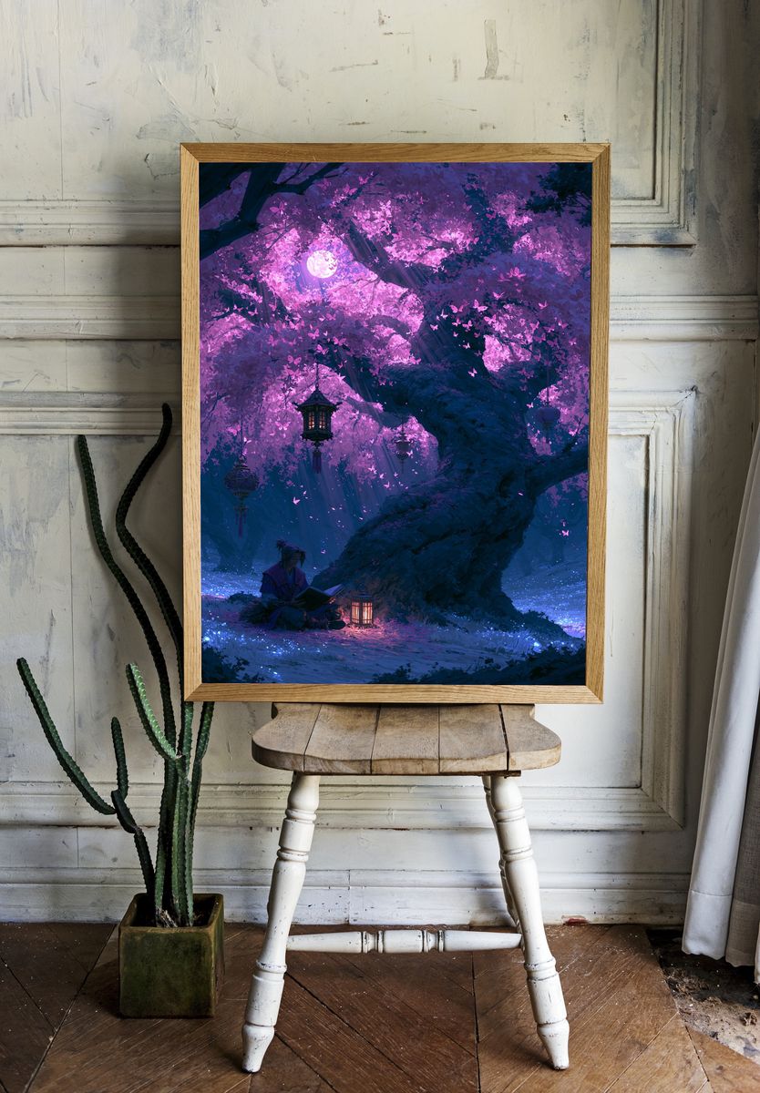 Moonlit Cherry Blossom Forest Print. — room view 1