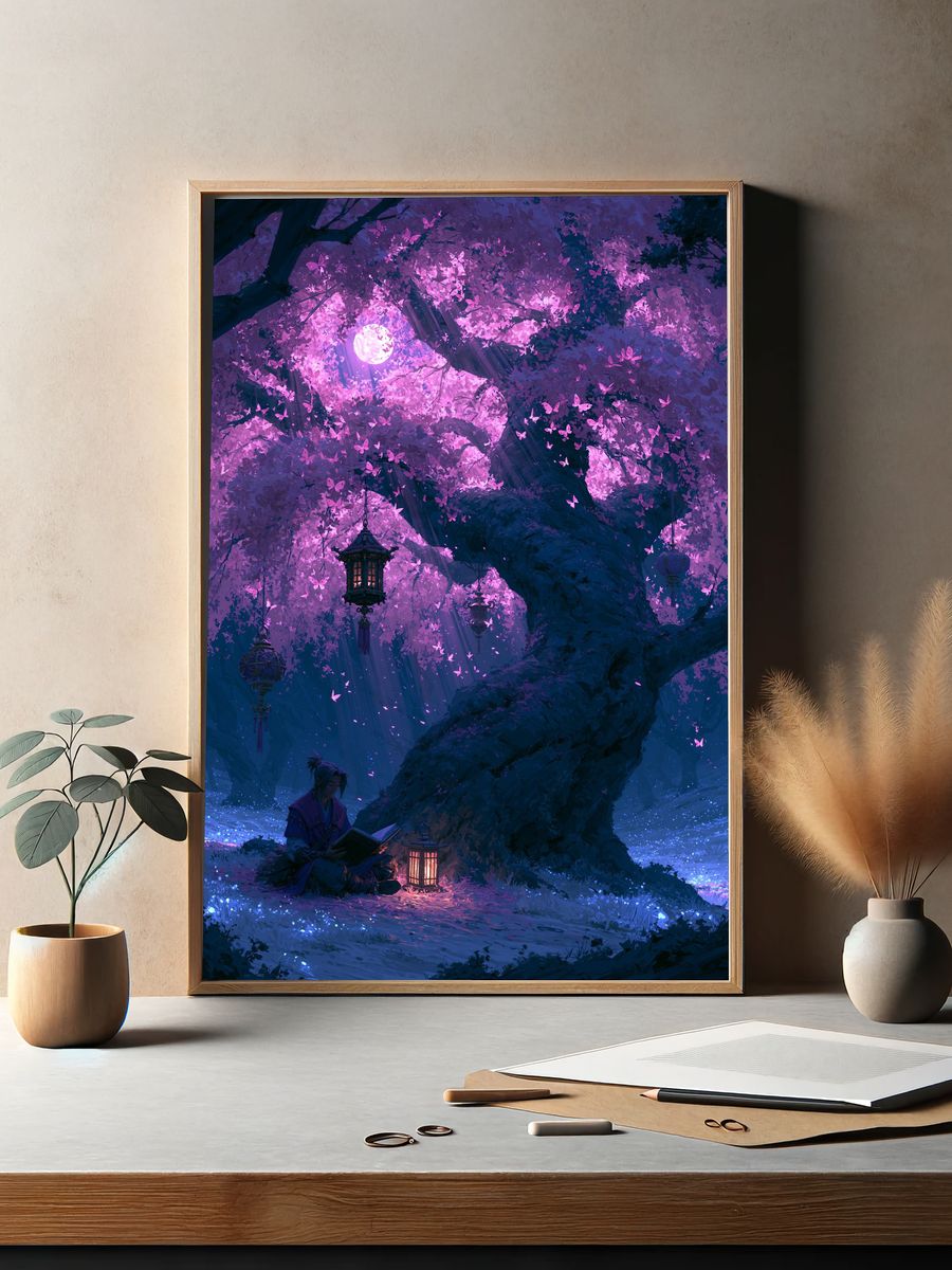 Moonlit Cherry Blossom Forest Print. — room view 2