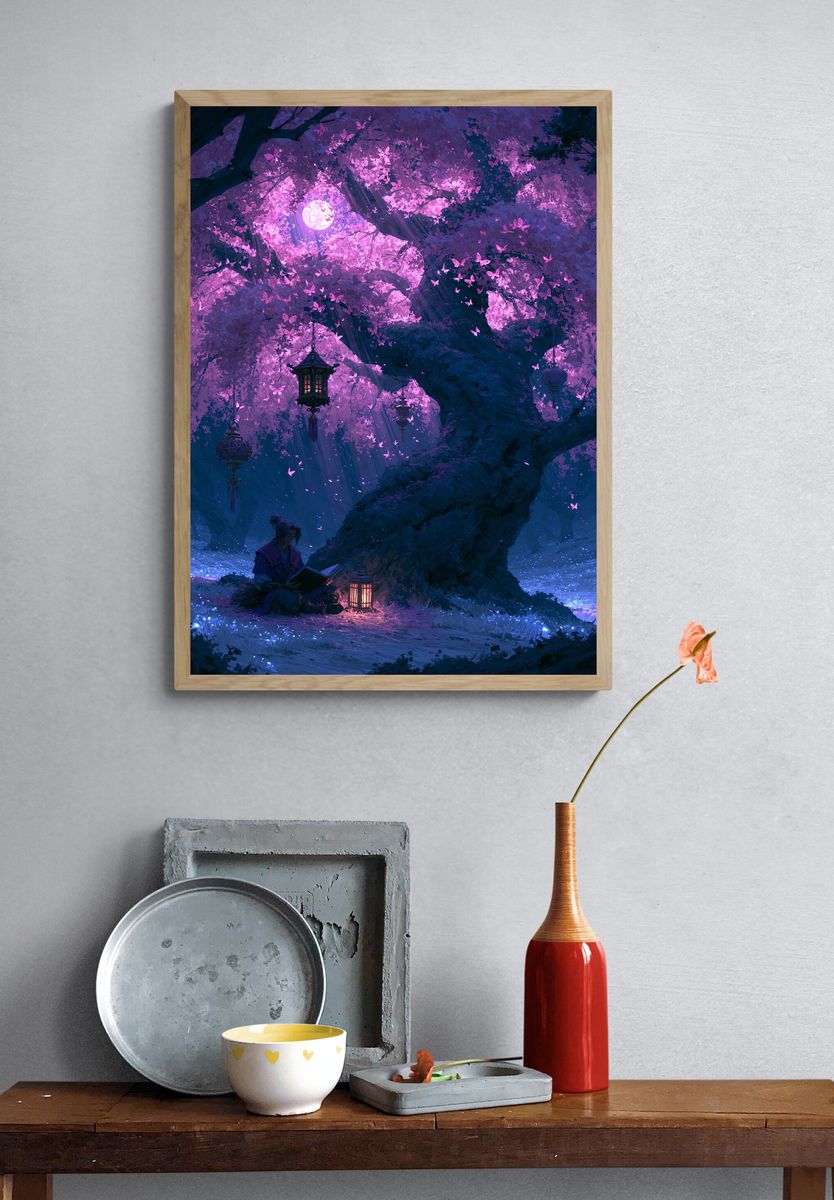 Moonlit Cherry Blossom Forest Print. — room view 3