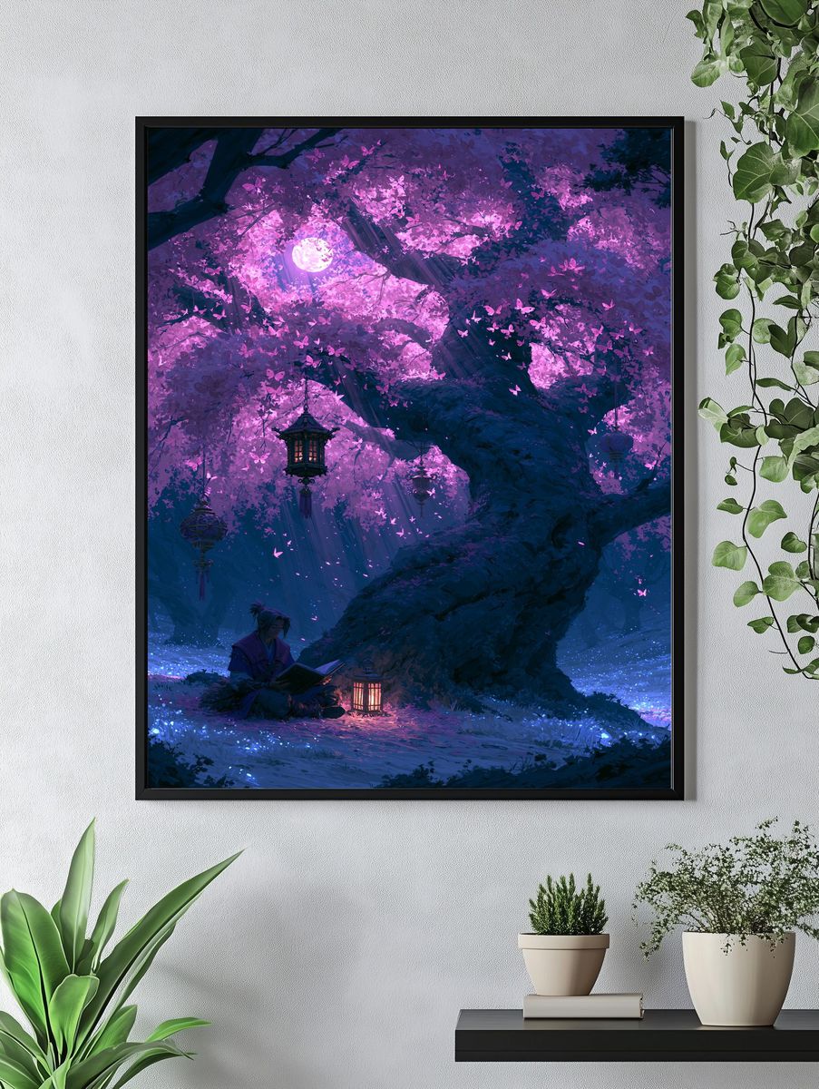 Moonlit Cherry Blossom Forest Print. — room view 4