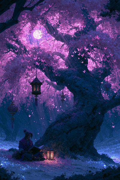 Moonlit Cherry Blossom Forest Print. poster