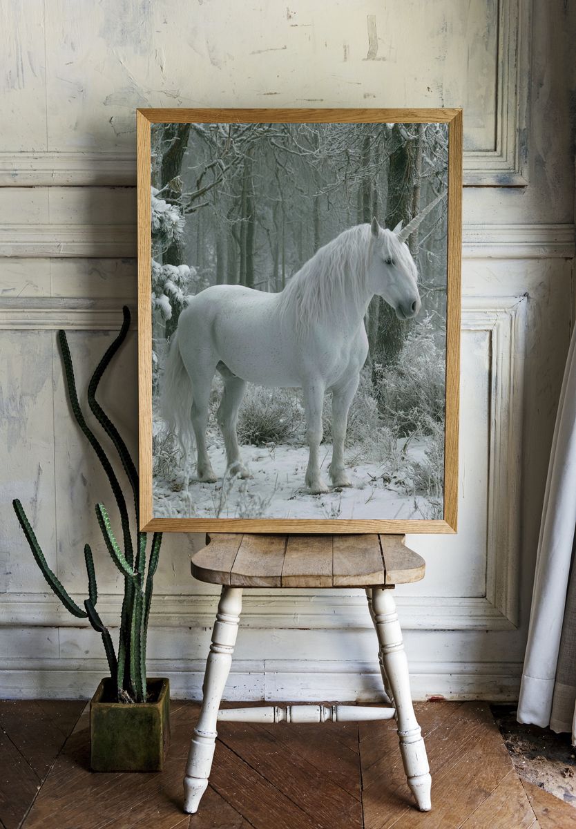 White Unicorn in Winter Forest Poster. room preview
