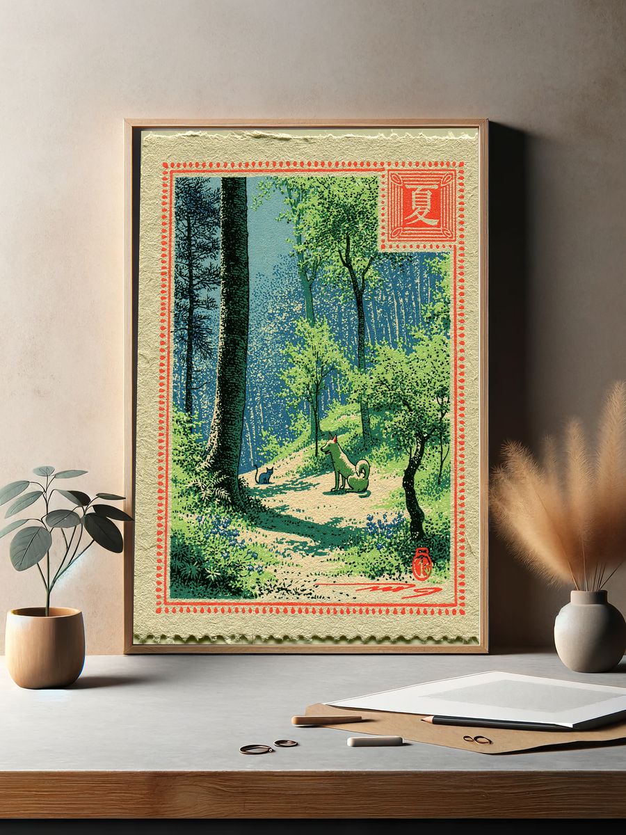Forest Path with Dog and Cat Print. — room view 2