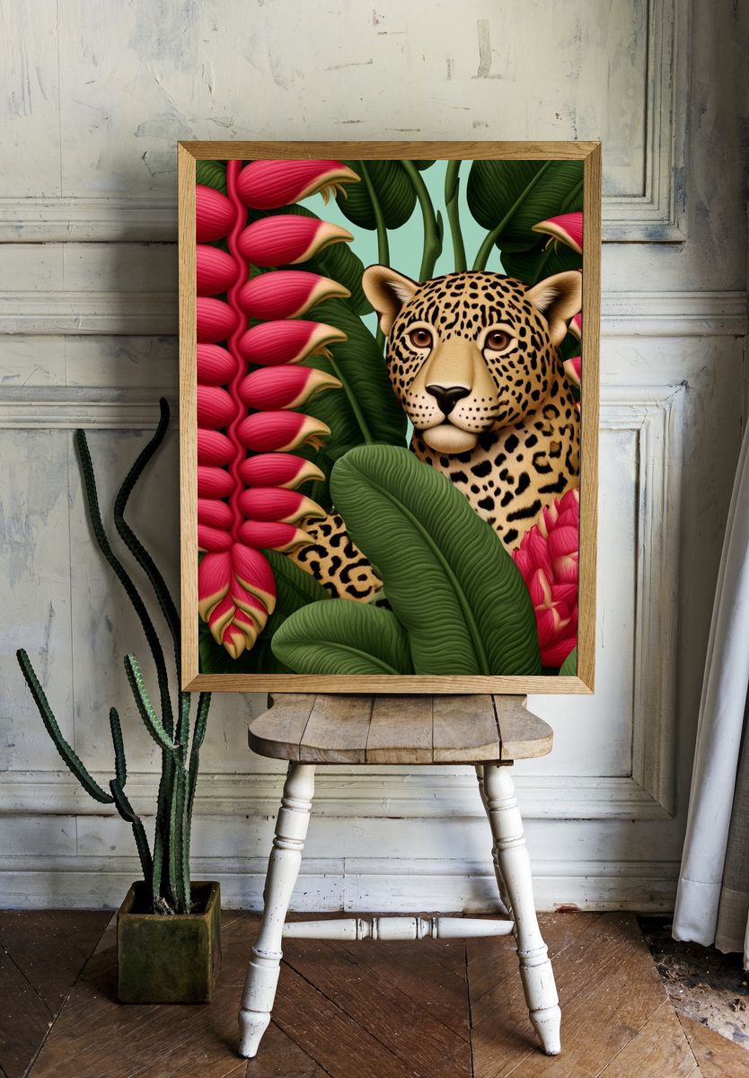 Leopard in Tropical Blooms Print. room preview