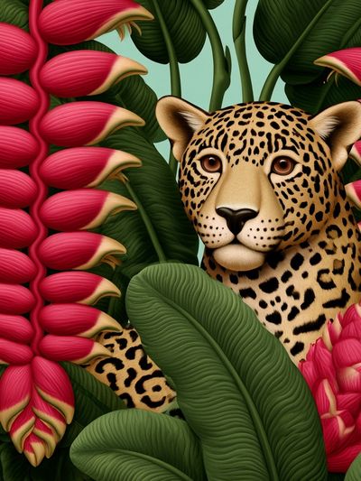 Leopard in Tropical Blooms Print. poster