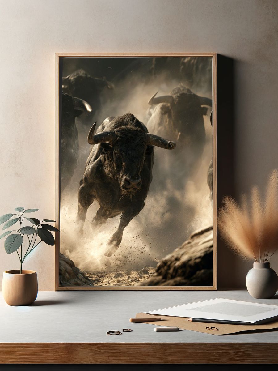 Charging Bulls Wildlife Photography Poster. — room view 2