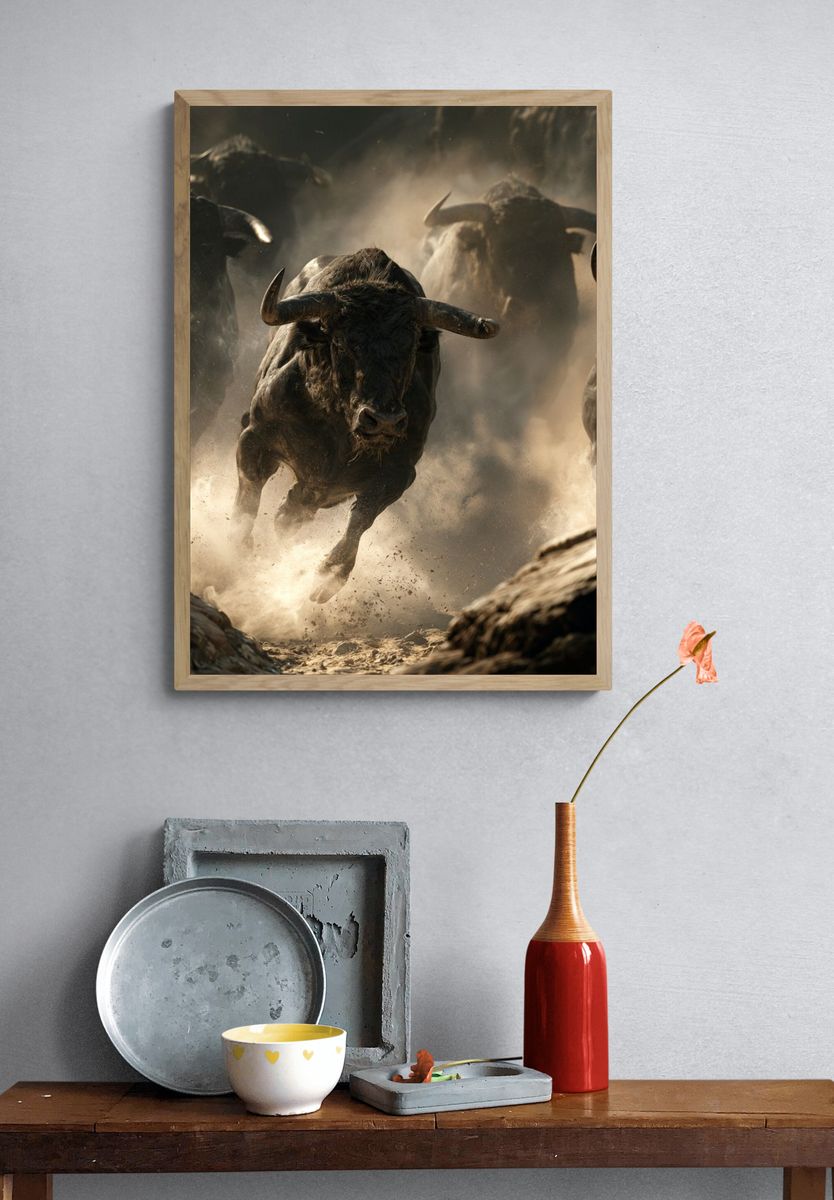 Charging Bulls Wildlife Photography Poster. — room view 3