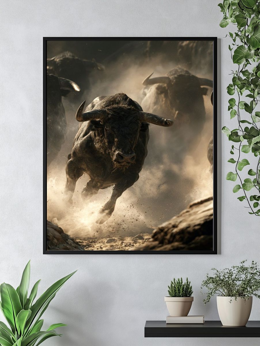 Charging Bulls Wildlife Photography Poster. — room view 4