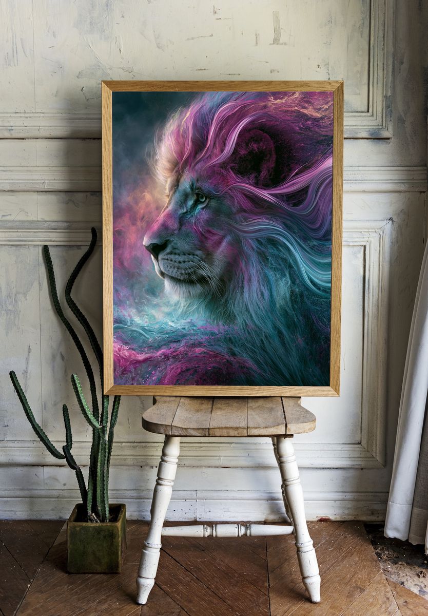 Cosmic Lion Digital Art Poster. — room view 1