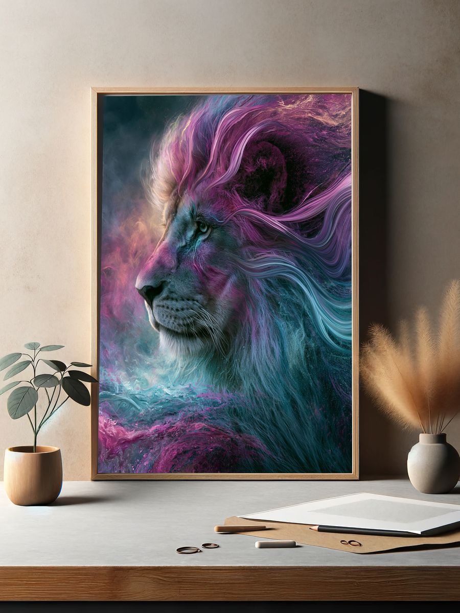 Cosmic Lion Digital Art Poster. — room view 2