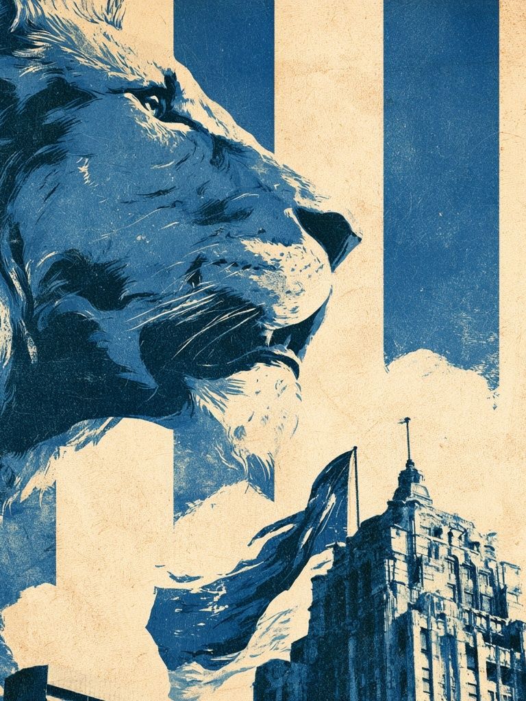 Lion and City Skyline Vintage Print. poster — animals art