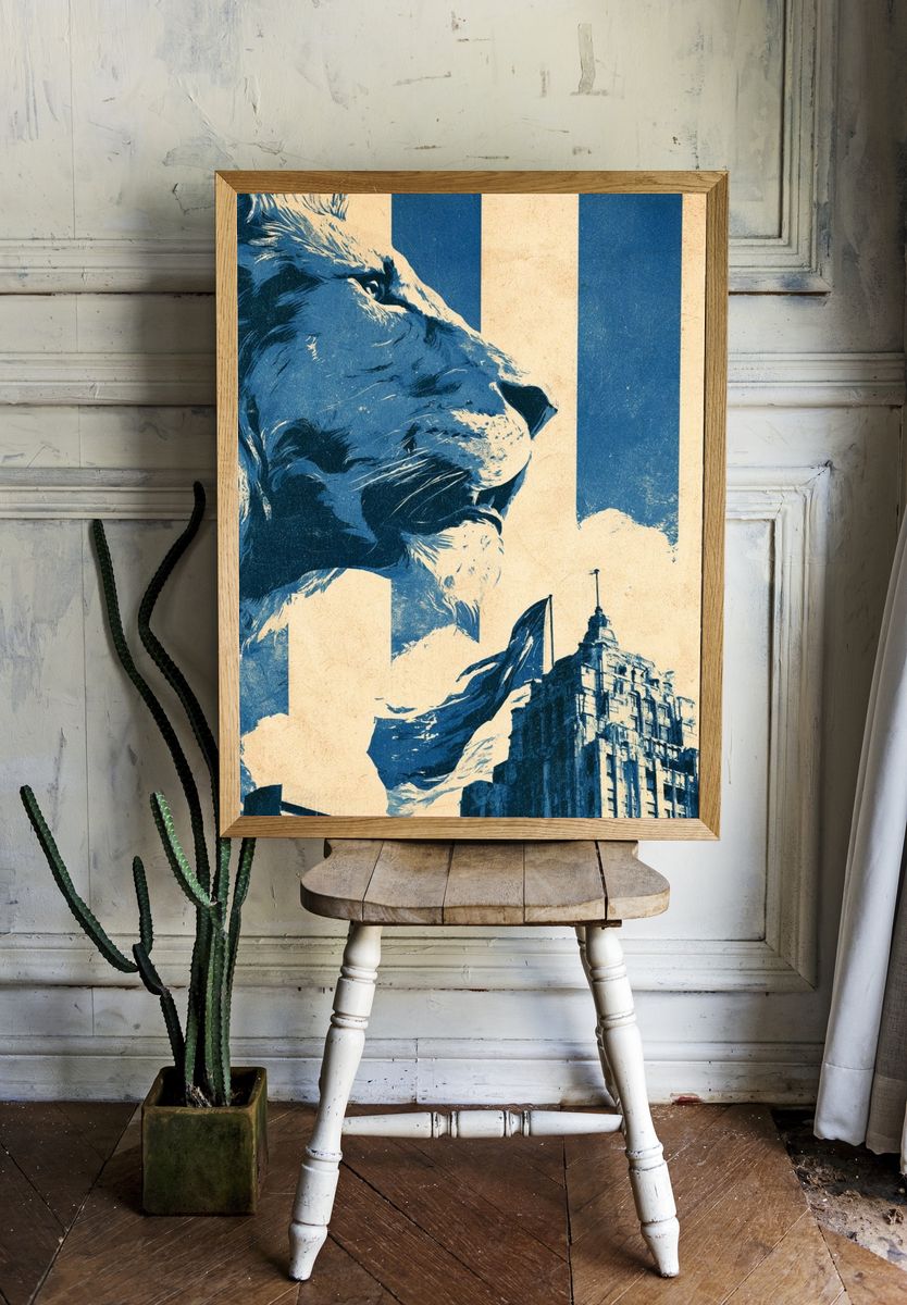 Lion and City Skyline Vintage Print. — room view 1