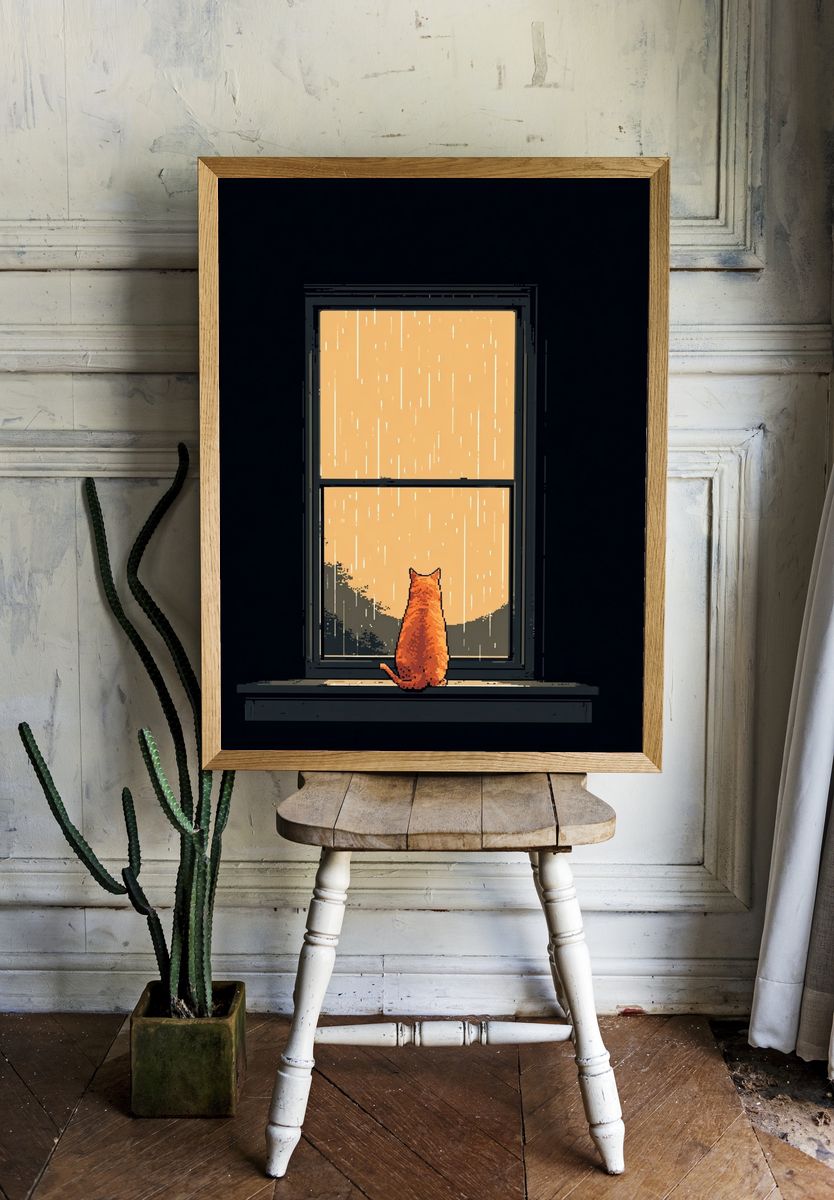 Rainy Window Cat Illustration Poster. — room view 1
