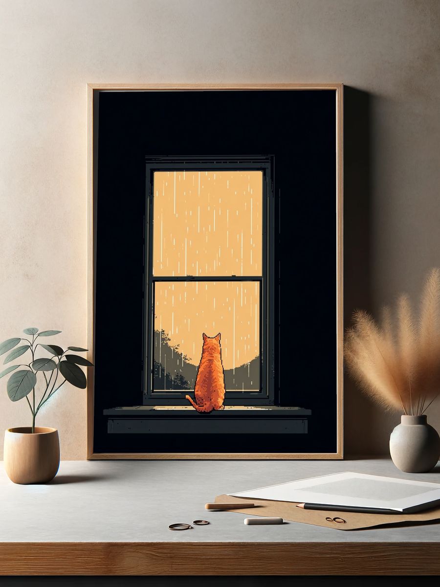 Rainy Window Cat Illustration Poster. — room view 2
