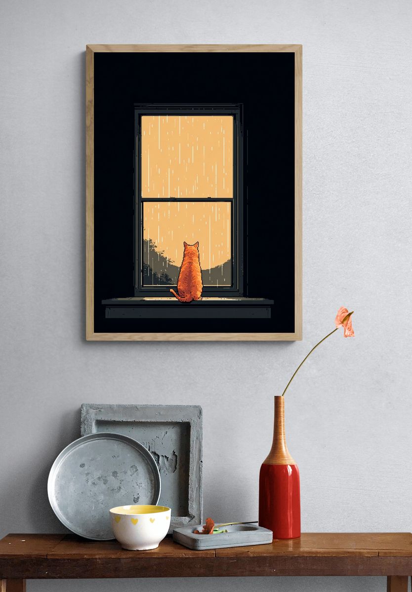 Rainy Window Cat Illustration Poster. — room view 3