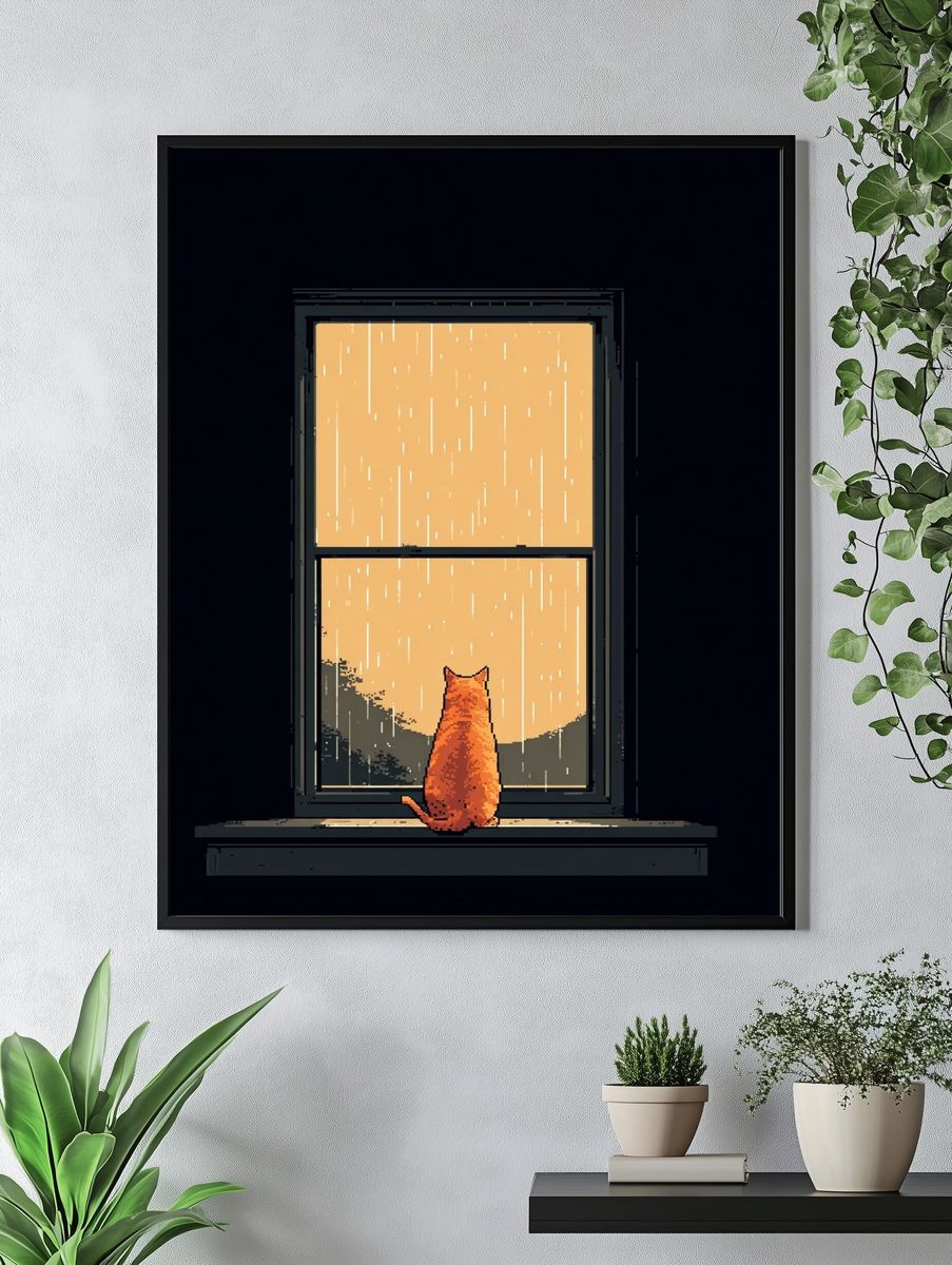 Rainy Window Cat Illustration Poster. — room view 4
