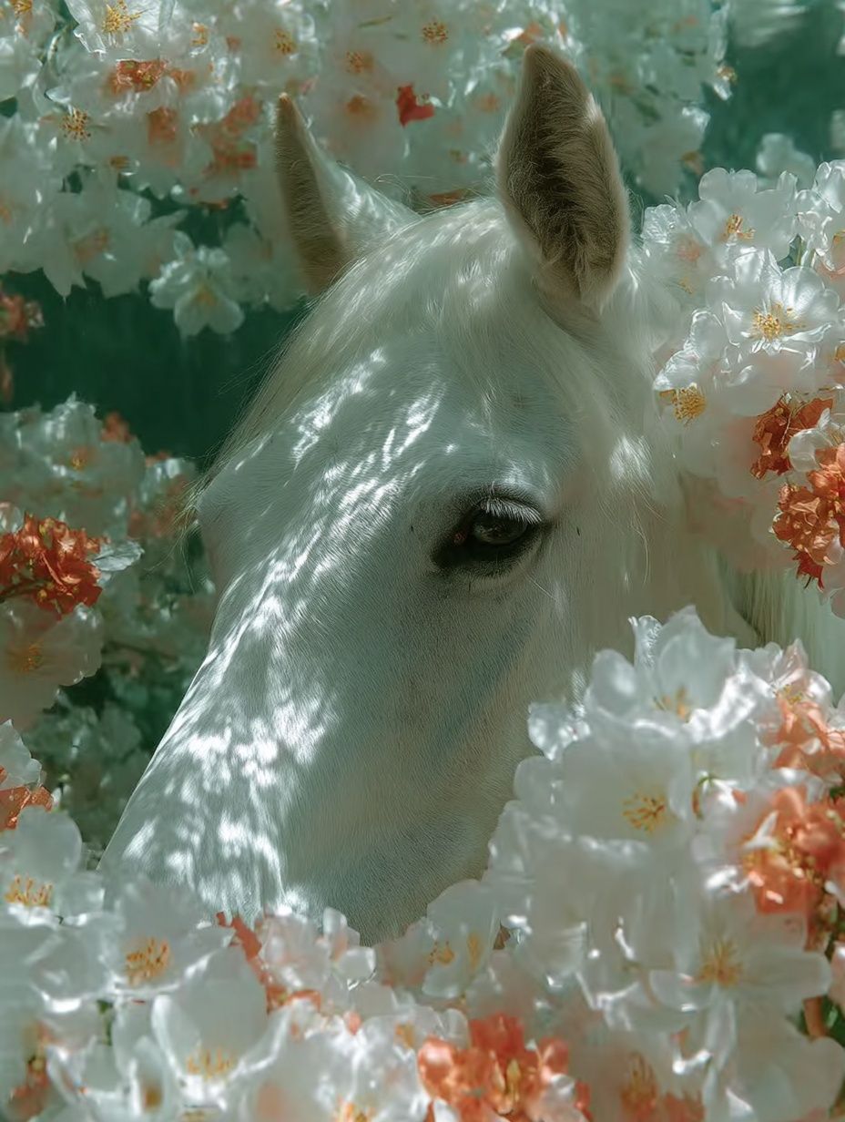White Horse in Blossoms Photography Poster. poster detail