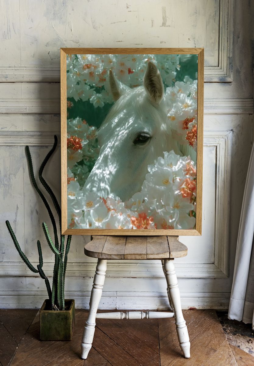 White Horse in Blossoms Photography Poster. room preview