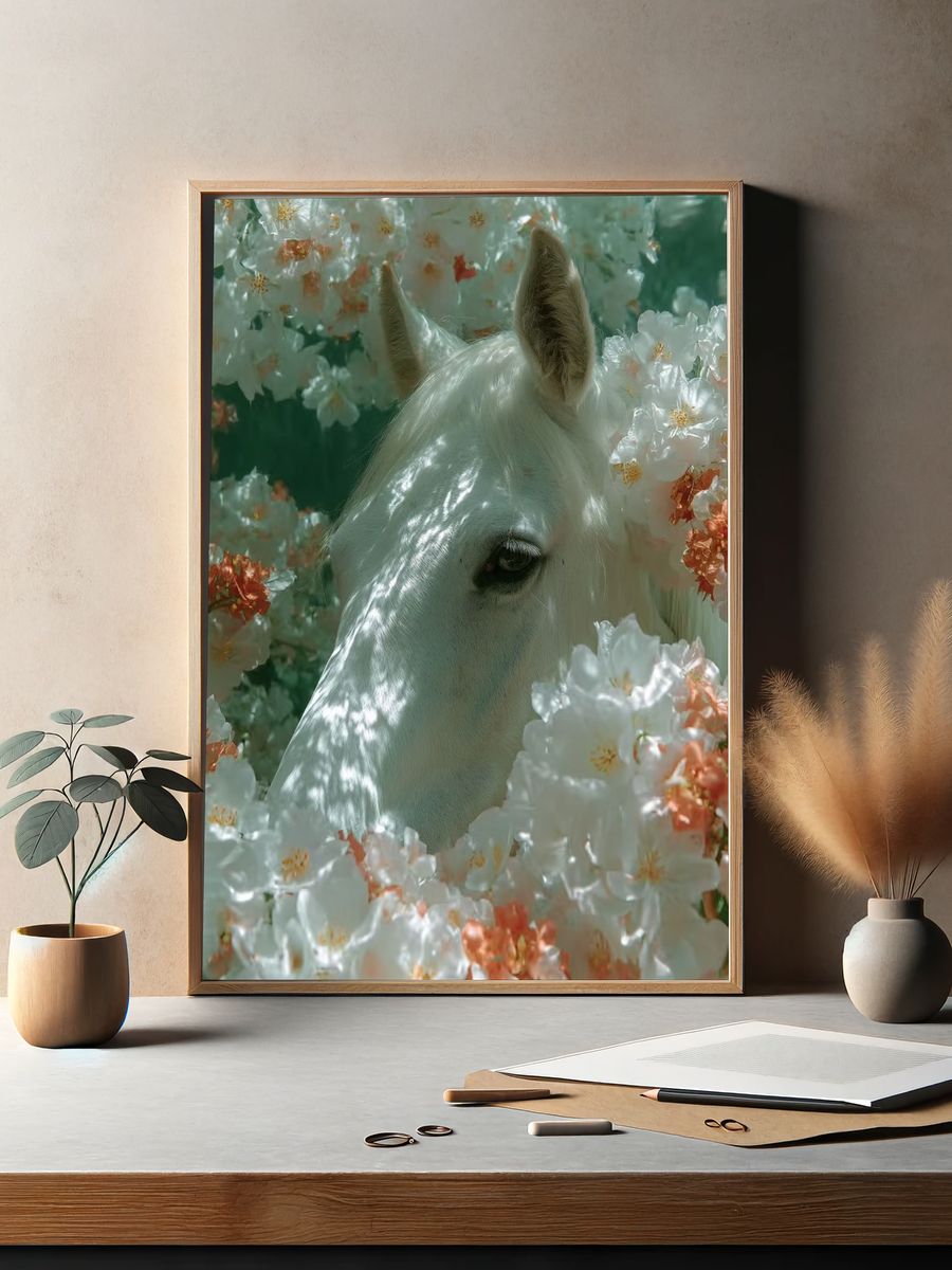 White Horse in Blossoms Photography Poster. — room view 2