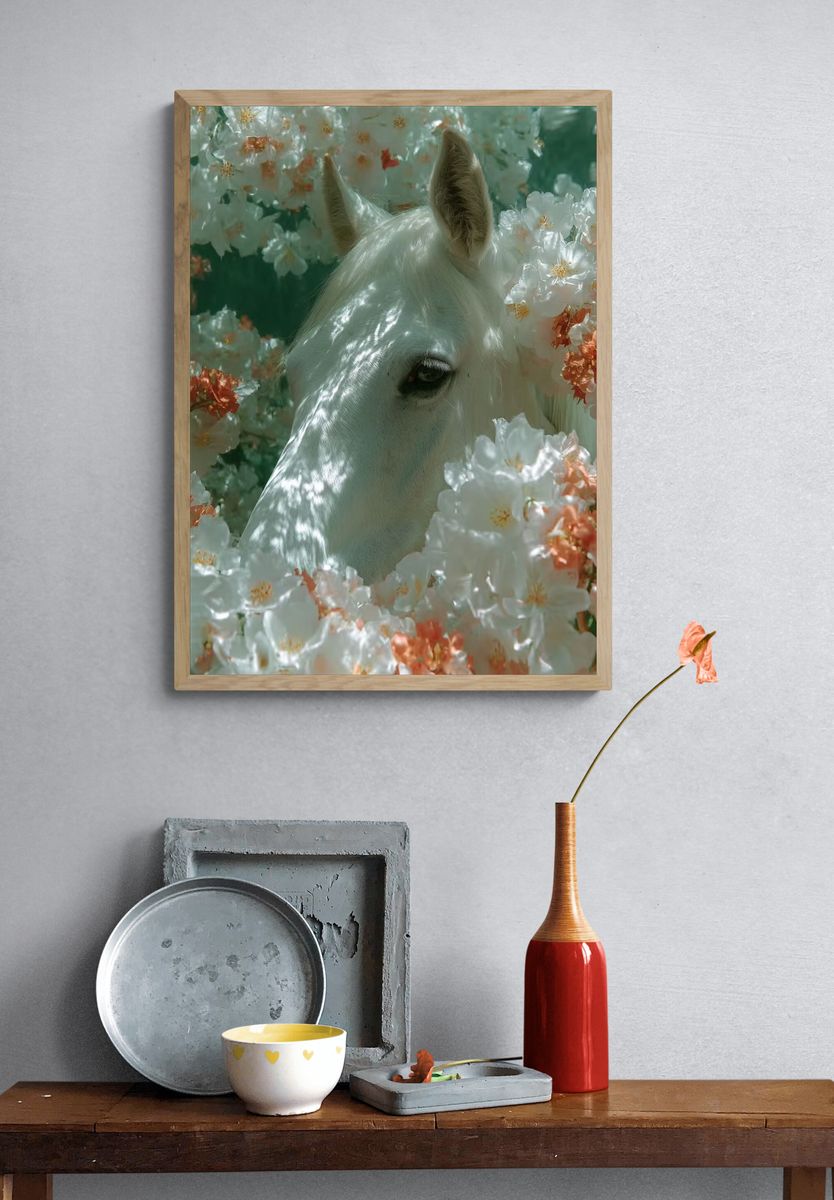 White Horse in Blossoms Photography Poster. — room view 3