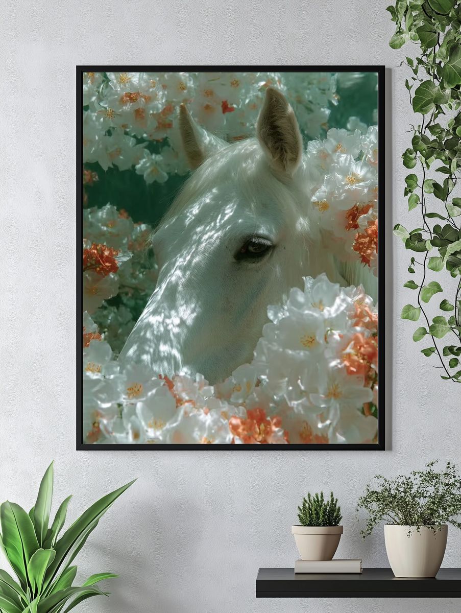White Horse in Blossoms Photography Poster. — room view 4