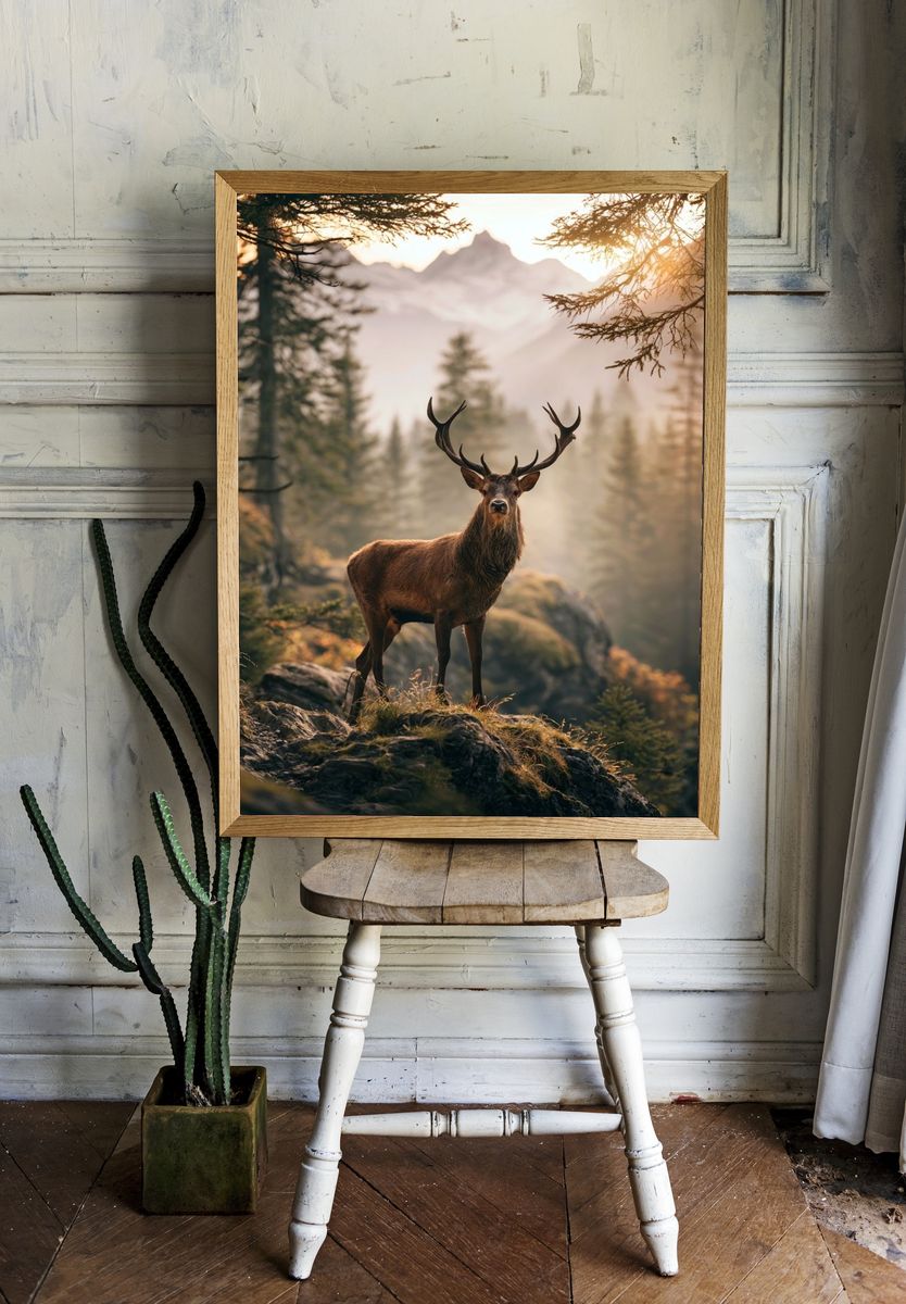 Majestic Stag in Misty Forest Poster. room preview