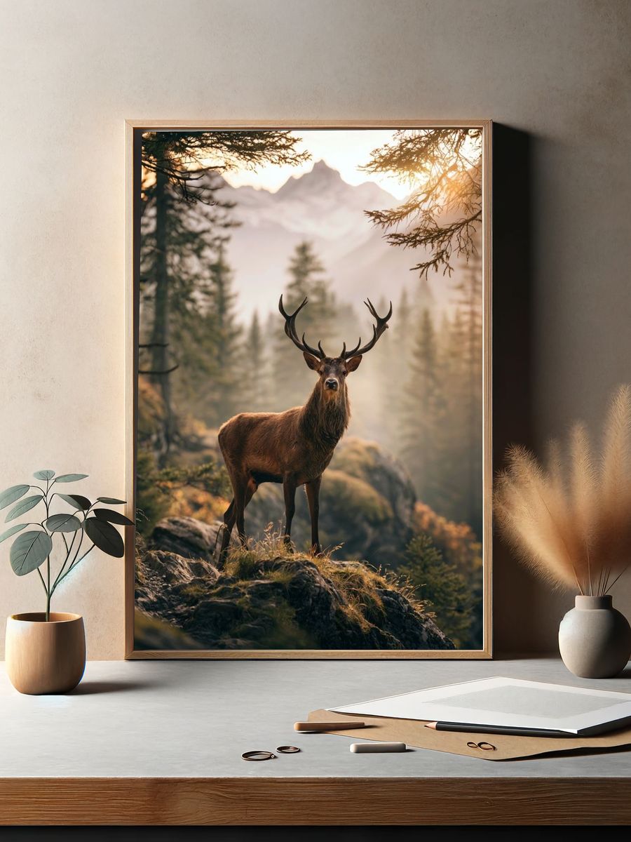 Majestic Stag in Misty Forest Poster. — room view 2