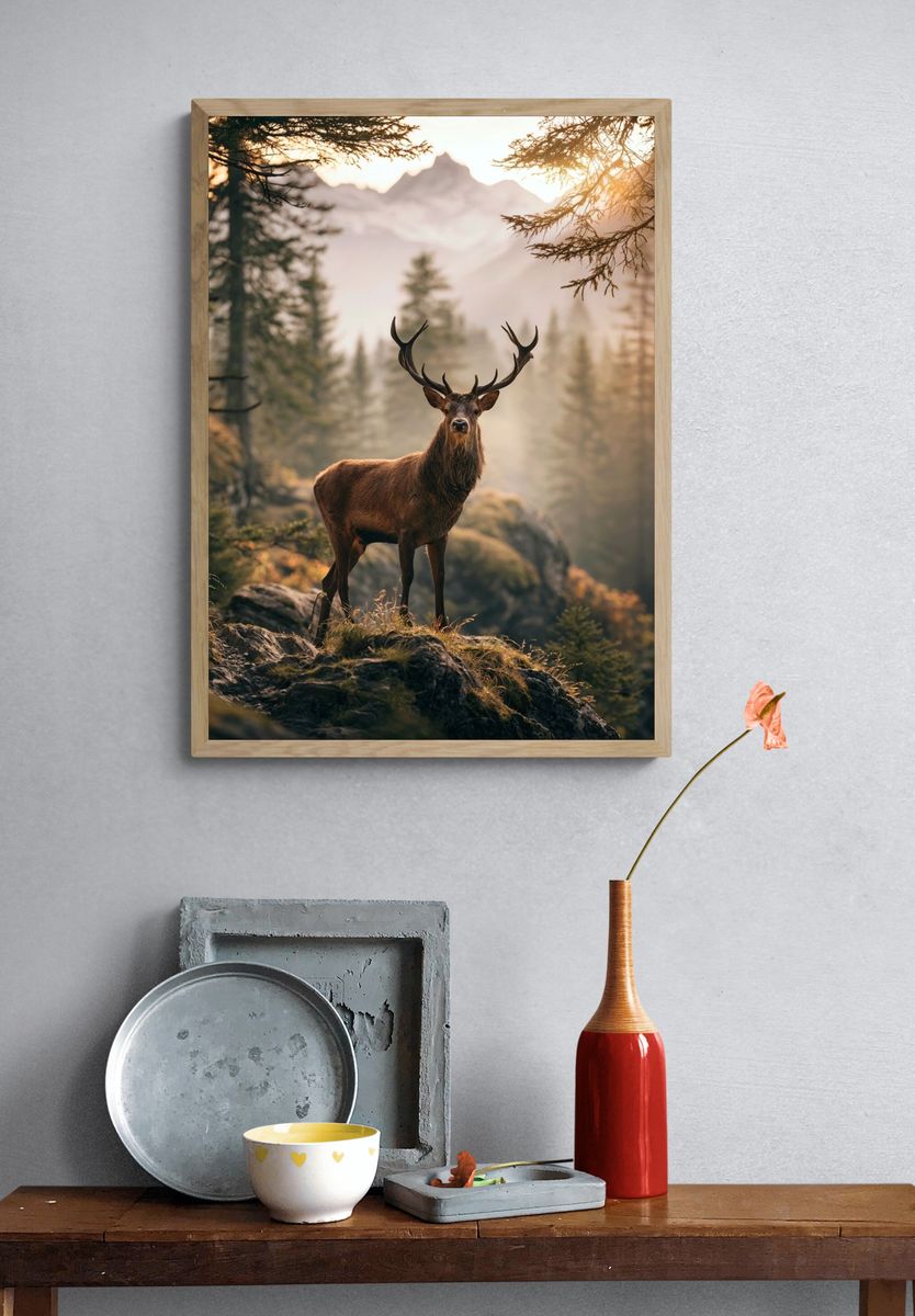 Majestic Stag in Misty Forest Poster. — room view 3